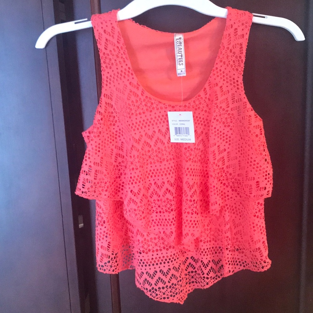 Beautees Coral Red Crochet Ruffled Tank Top